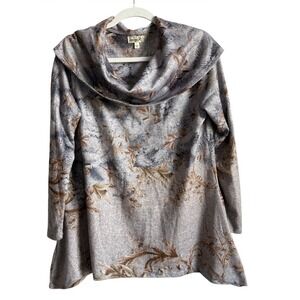 One World Gray Owl Botanical Forest Print Cowl Neck Tunic Shirt Size L Cozy Knit